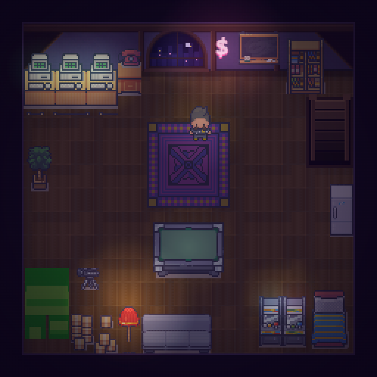 Scam Scammerson in his attic in Scam City: computers, a red phone, the scheme board, a neon dollar sign and a night window.